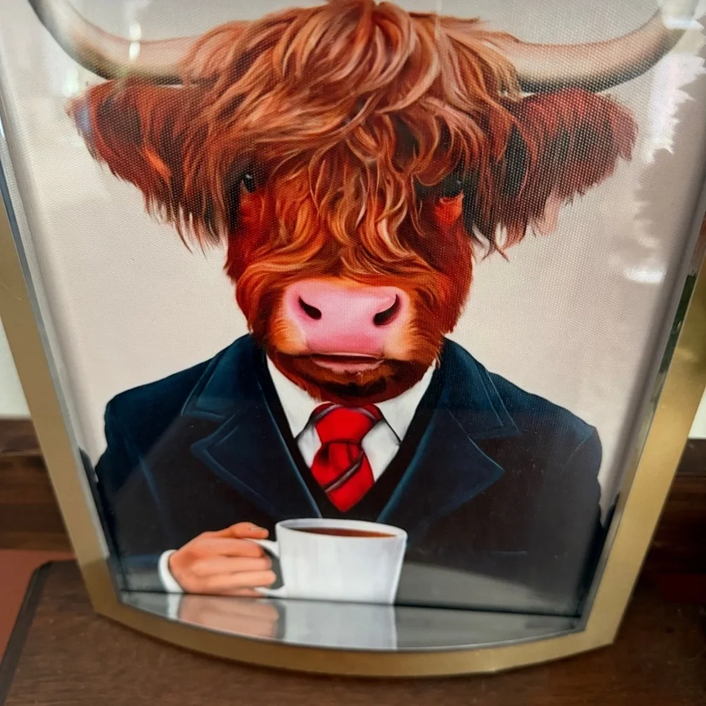 Office Highland Cow in Suit with Coffee Quirky Canvas Art Print Gold Framed Art